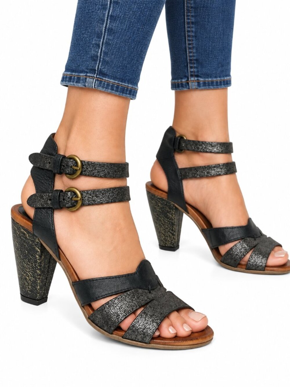MJUS Leather Double Ankle Strap Heeled Sandals Black Metallic 39EU 8.5US Leather